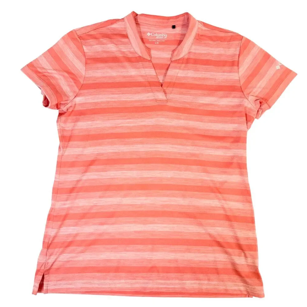 Columbia Striped Coral V-Neck Polo Womens Large‎ Performance Active Golf Shirt